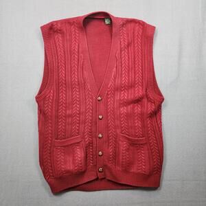 Vintage Mens Cable Knit Sweater Vest Burgundy Sleeveless Cardigan Pockets Preppy